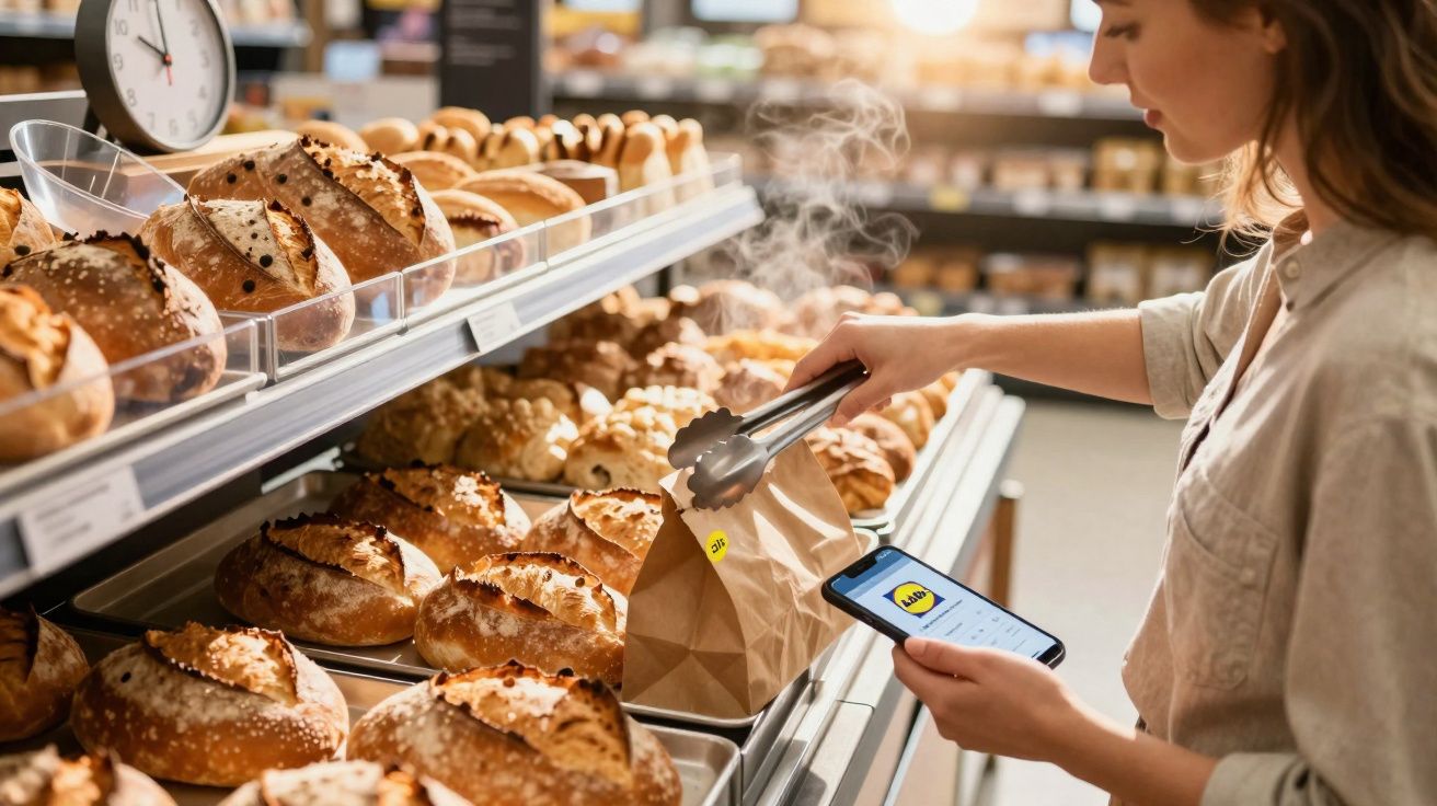 Mulher a colocar pão acabado de fazer num saco de papel numa padaria, segurando telemóvel com aplicação Lidl aberta.