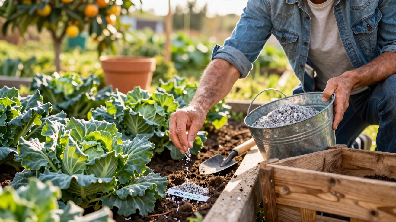Pessoa a espalhar fertilizante granular numa horta com plantas verdes sob luz natural.