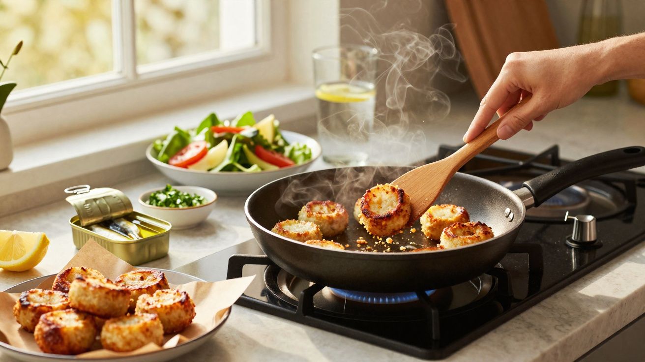 Pessoa a cozinhar bolinhos dourados numa frigideira, com salada e limão na mesa ao lado.