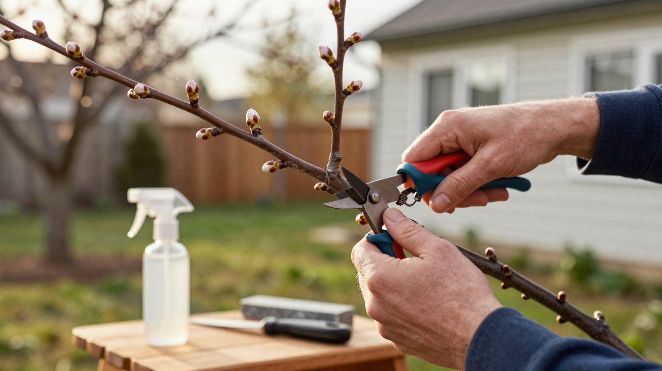 Pessoa a podar um ramo com botões florais numa árvore no jardim, com ferramentas numa mesa ao fundo.