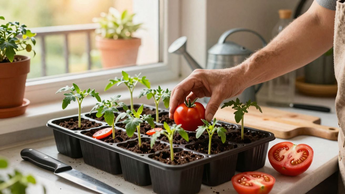 Mão a segurar tomate maduro junto a mudas de tomateiras em vasos de plástico numa bancada junto à janela.