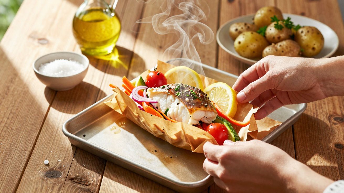 Peixe cozinhado no papel com legumes e fatias de limão servido numa travessa com batatas ao fundo.