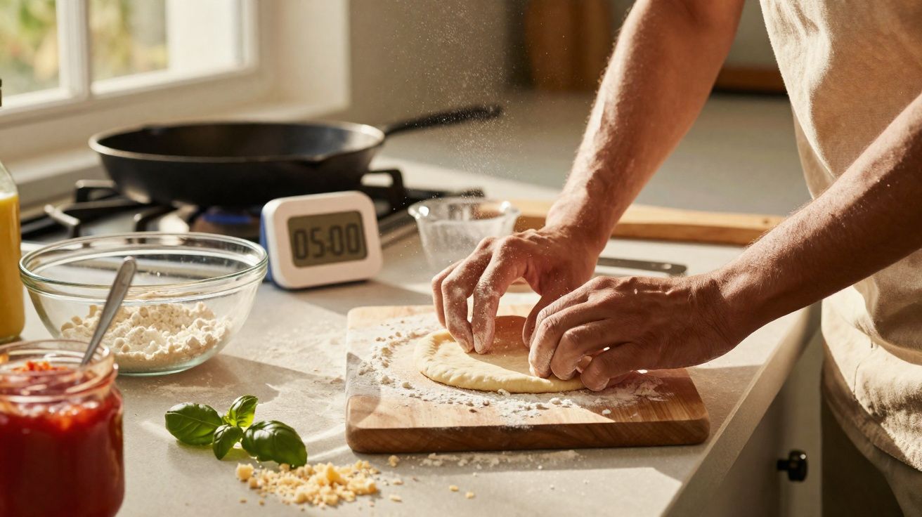 Pessoa a estender massa de pizza numa tábua com ingredientes e timer na bancada da cozinha iluminada.