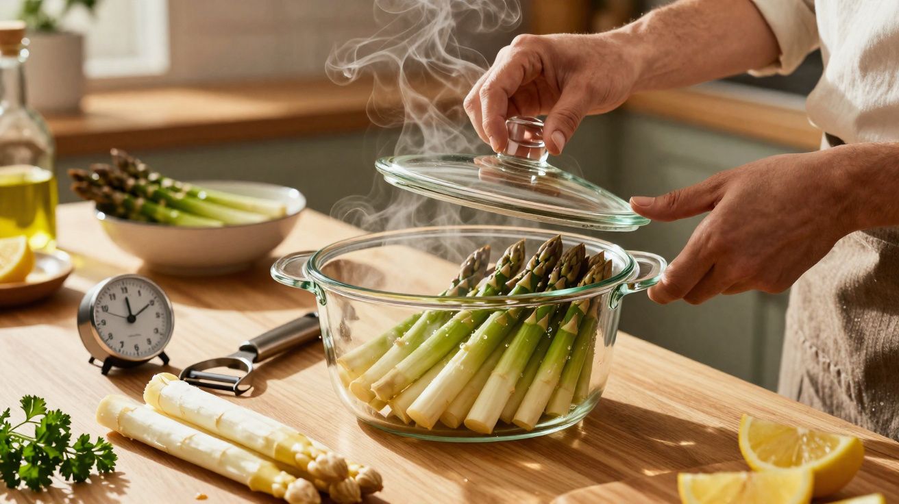 Mãos a levantar tampa de panela com espargos verdes a cozinhar, rodeados de ingredientes na bancada da cozinha.