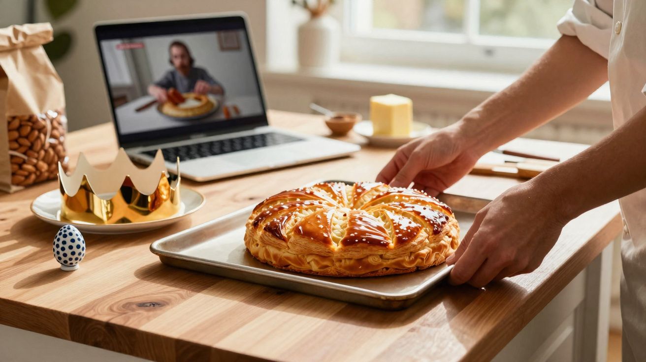 Pessoa a colocar um bolo tradicional com coroa dourada numa tabuleiro numa bancada de cozinha iluminada.