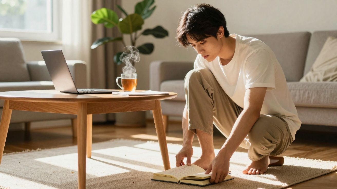 Homem jovem a ler um livro no chão de uma sala luminosa com computador e chá numa mesa de madeira.