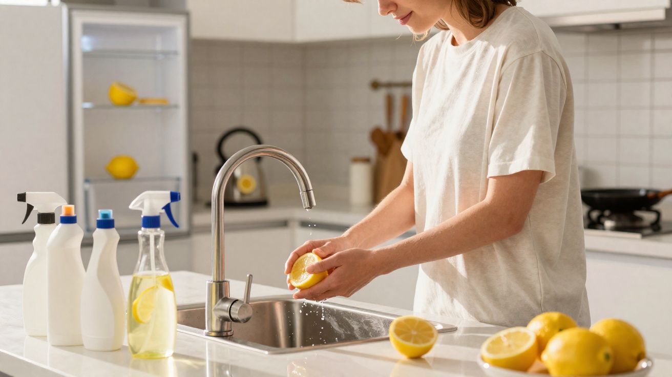 Mulher a espremer limão em cozinha moderna com vários limões e frascos de limpeza sobre a bancada.