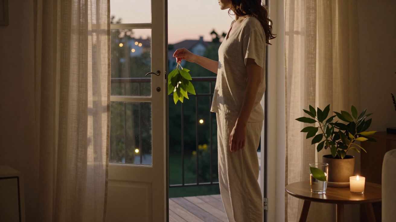 Mulher em pijama segura raminho de folhas junto a porta aberta para varanda ao anoitecer.