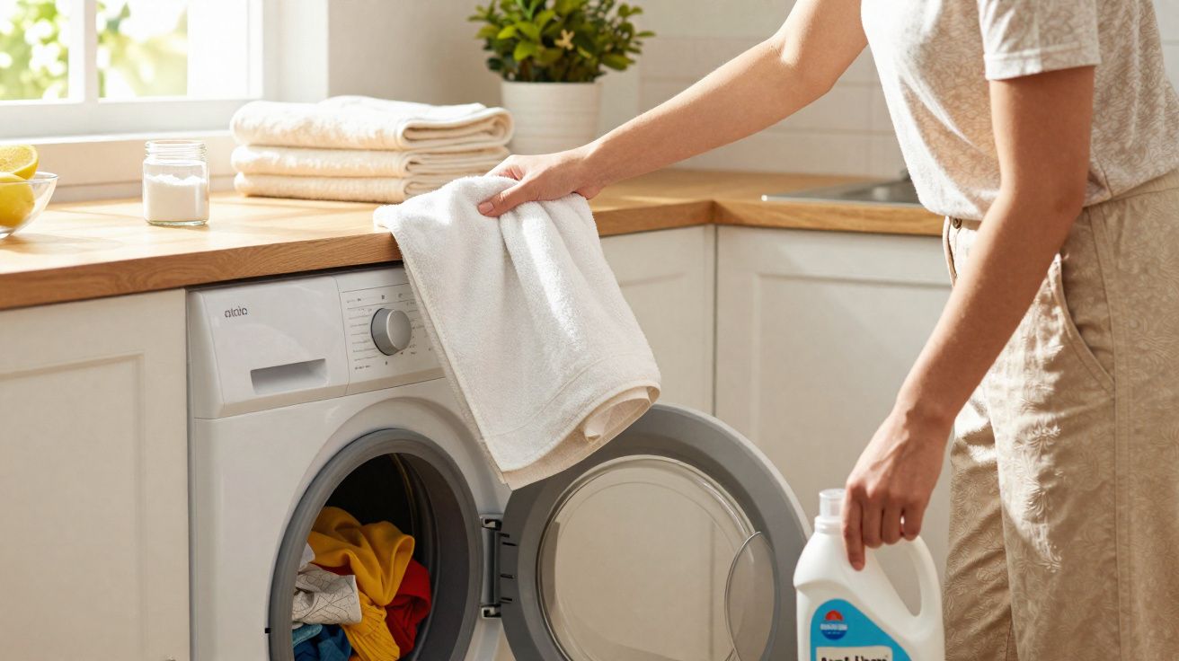 Pessoa a colocar roupa limpa na máquina de lavar roupa branca numa lavandaria luminosa.