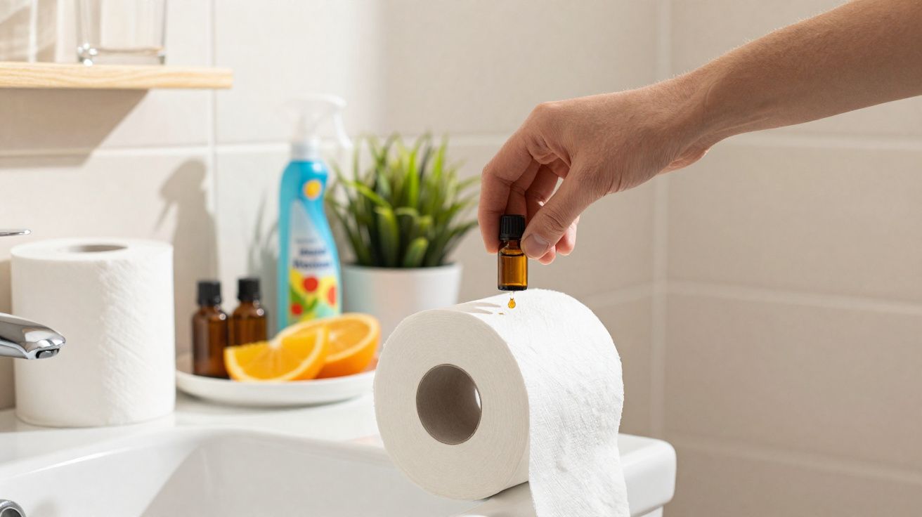 Mão a pingar óleo essencial num rolo de papel higiénico no lavatório de uma casa de banho.