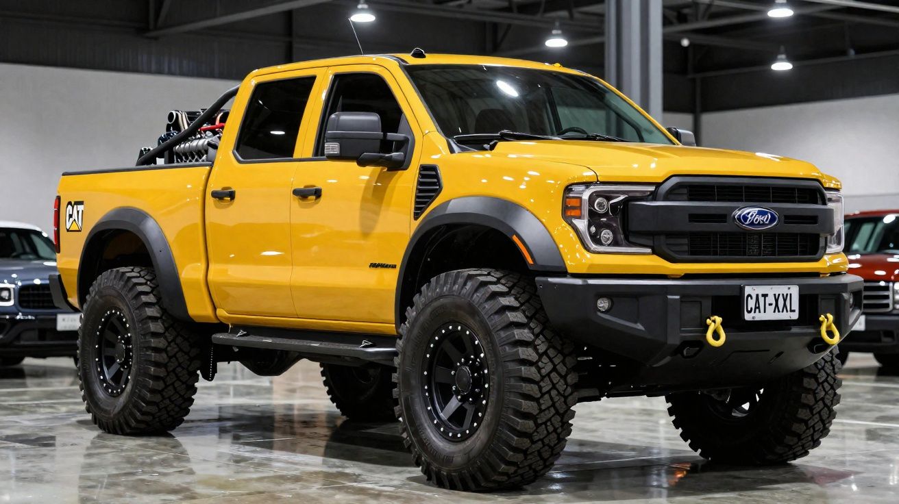 Pick-up Ford amarela com pneus off-road robustos estacionada em ambiente interior iluminado.