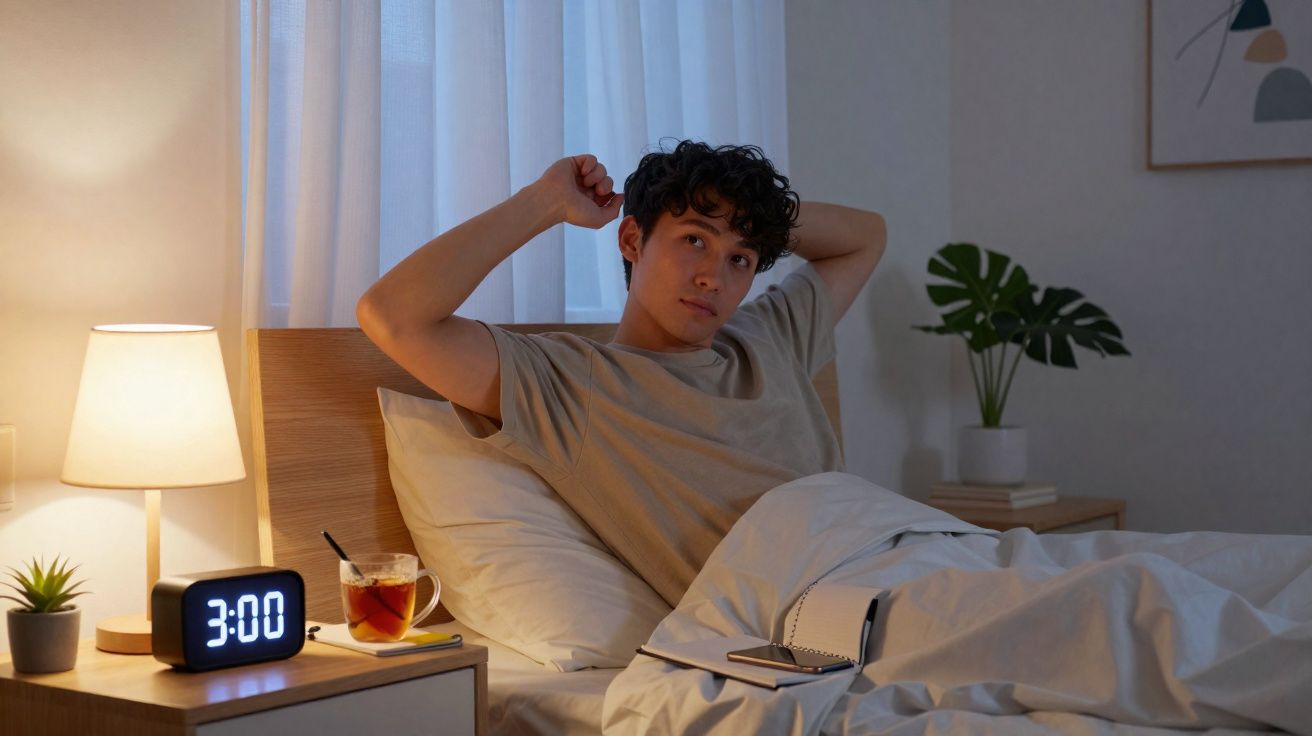 Jovem acordado na cama às 3 da manhã, com despertador, chá e caderno na mesa de cabeceira.