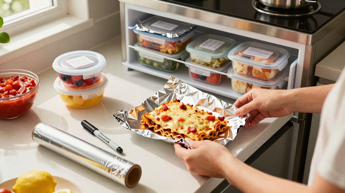 Mãos a embrulhar uma lasanha em folha de alumínio numa cozinha com táperes organizados sobre a bancada.