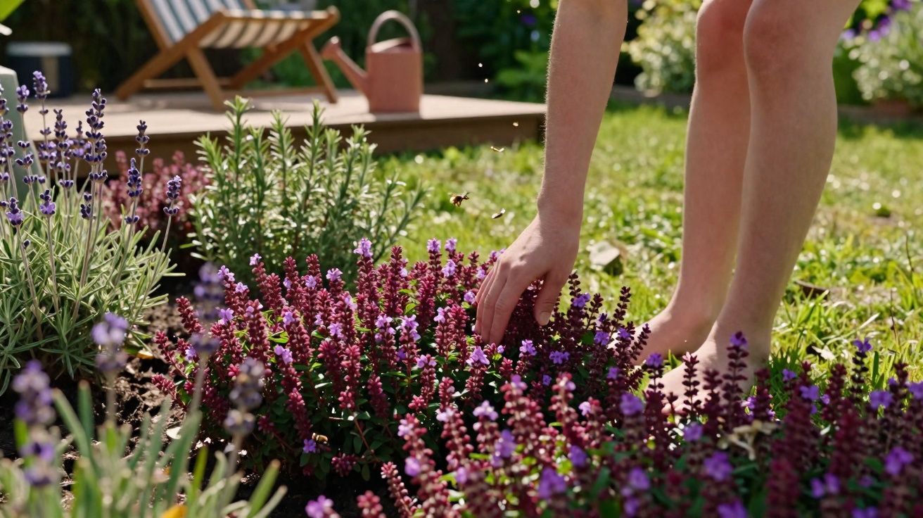 Mãos e pés descalços a tocar flores roxas num jardim soalheiro com cadeira e regador ao fundo.