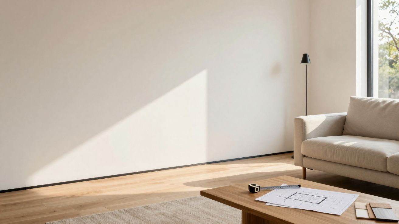 Sala minimalista com sofá bege, candeeiro de pé, mesa de madeira com planta baixa e fita métrica.