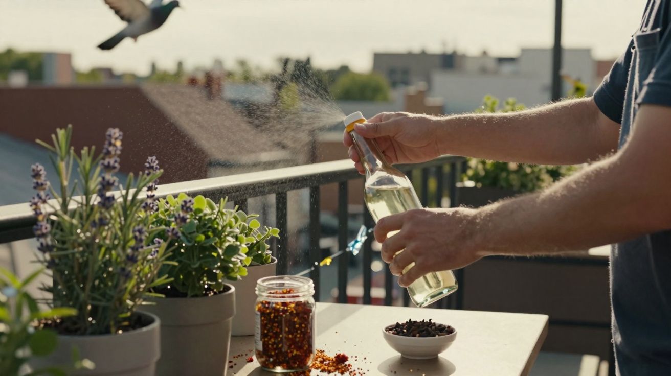 Pessoa a pulverizar plantas em vaso num apartamento com frascos de especiarias numa mesa ao sol.