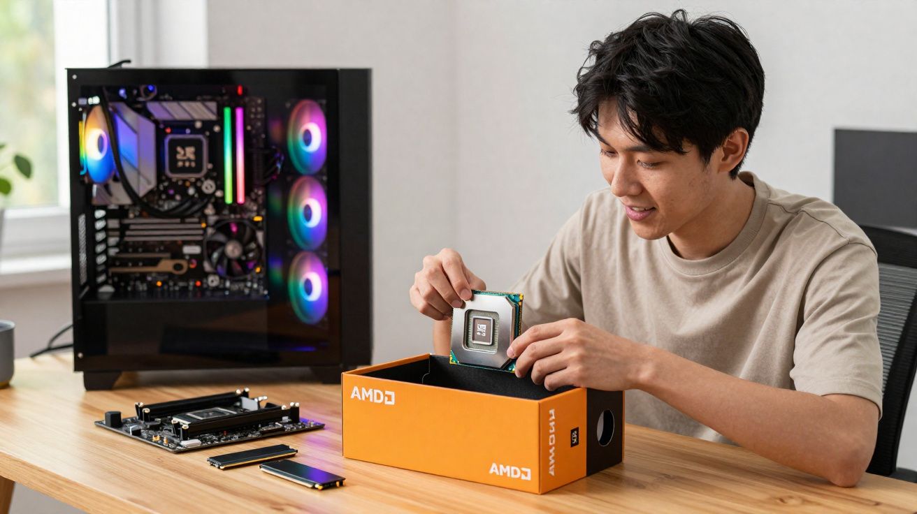 Jovem a montar um computador com processador AMD e componentes numa mesa de escritório.