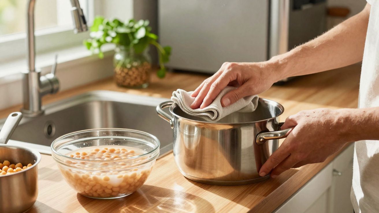 Mãos a limpar uma panela de inox numa cozinha com bancada em madeira e tigela com grãos de bico.