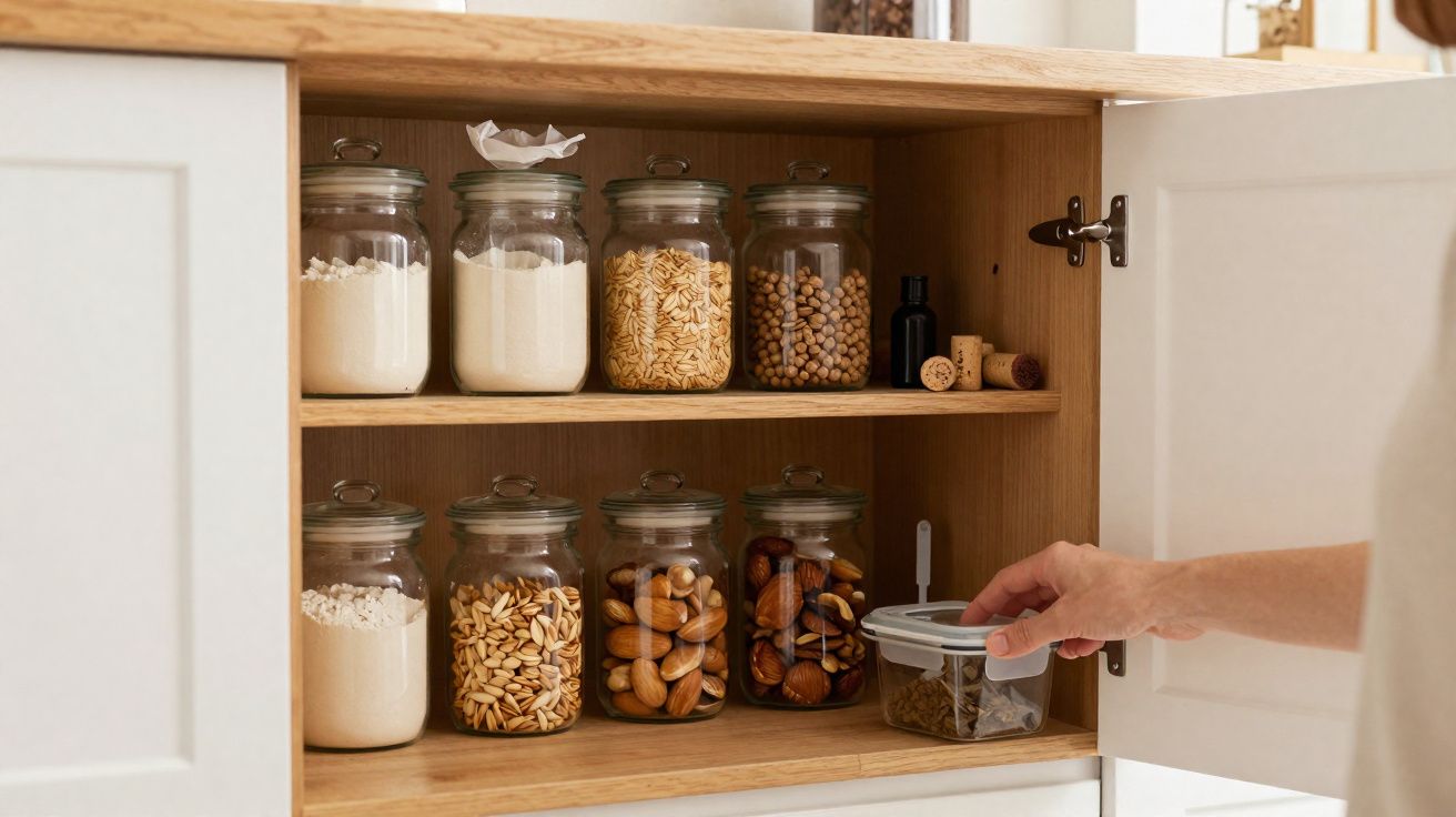 Prateleira de armário com frascos de vidro contendo farinha, massas, leguminosas e frutos secos, mão a fechar recipiente.