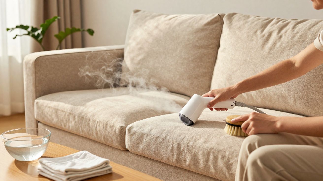 Pessoa a limpar um sofá de tecido bege com vaporizador e escova, com toalhas e tigela de água na mesa.