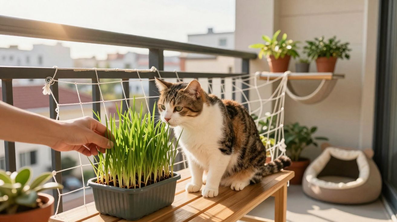 Gato tricolor na varanda cheirando planta verde numa manhã de sol com mãos humanas por perto.