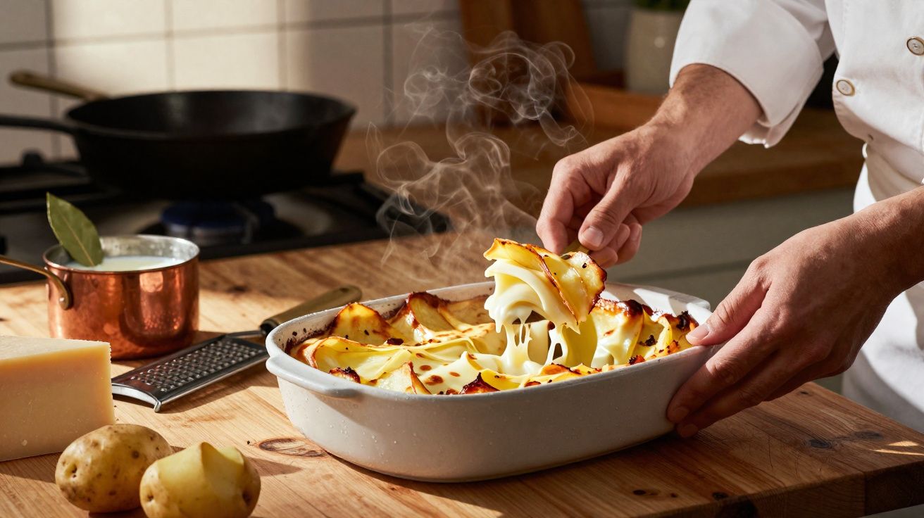 Mãos a servir batatas gratinadas fumegantes em tabuleiro branco numa cozinha com ingredientes à volta.