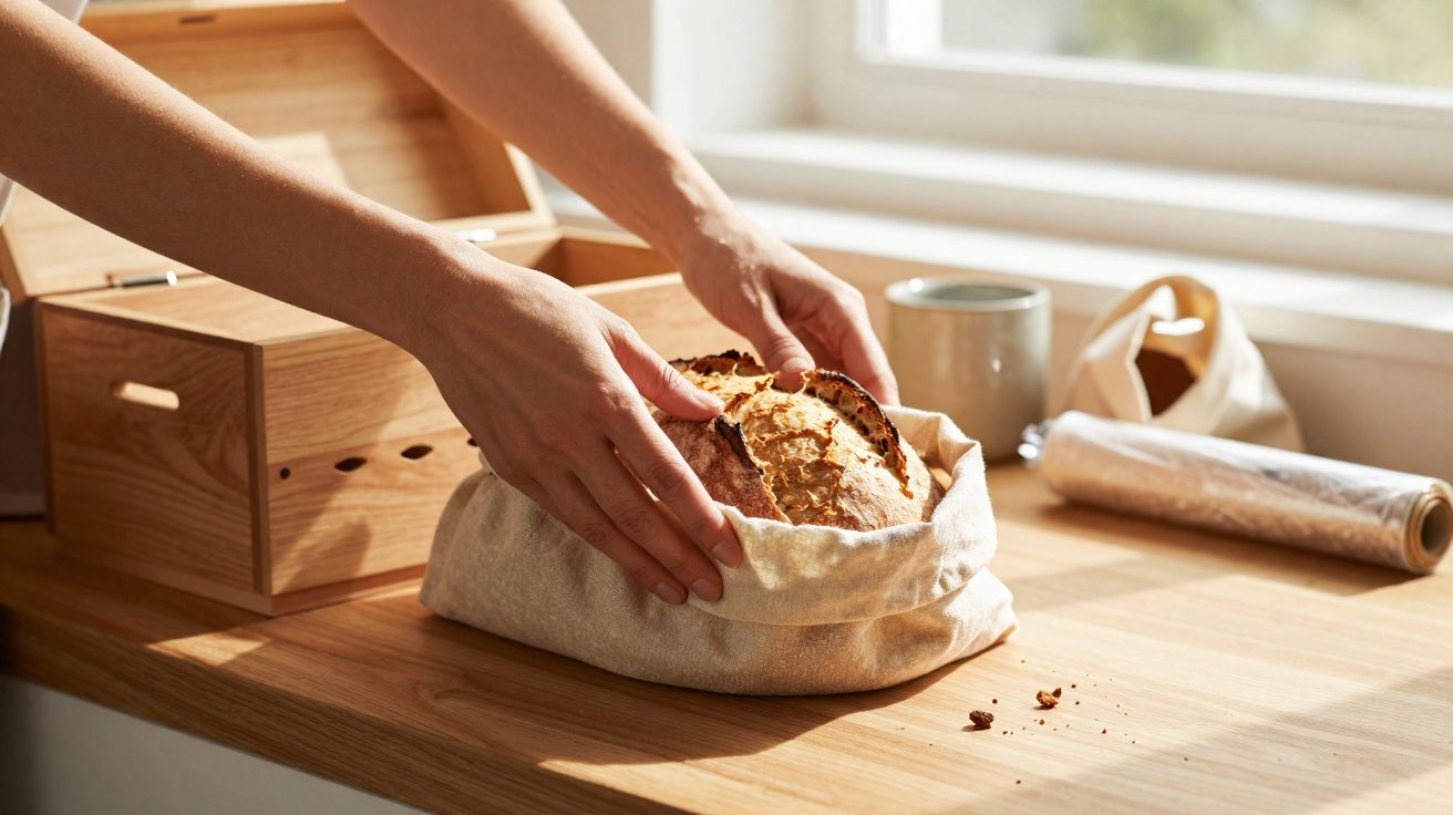 Mãos a colocar pão numa bolsa de tecido numa cozinha iluminada junto a uma janela.