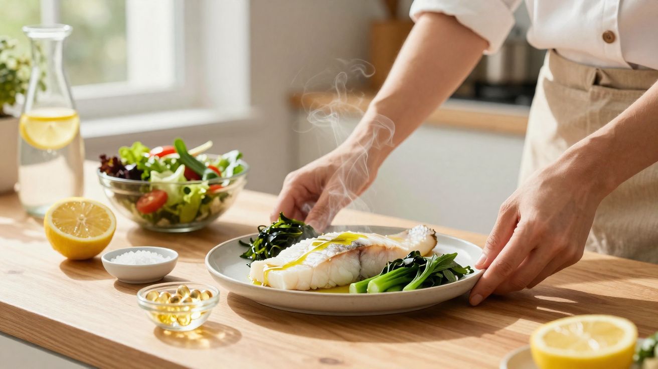 Prato de peixe fumegante com legumes verdes e salada fresca ao lado sobre uma mesa de madeira.
