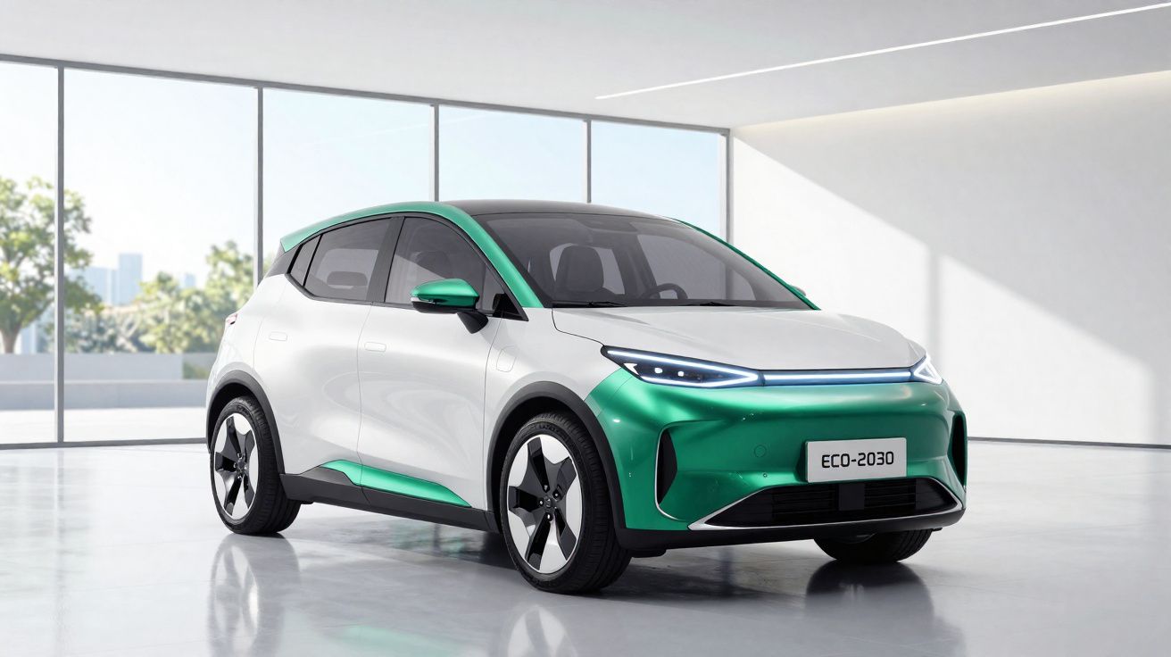 Carro elétrico moderno branco e verde com faróis LED, em ambiente interior minimalista e iluminado.