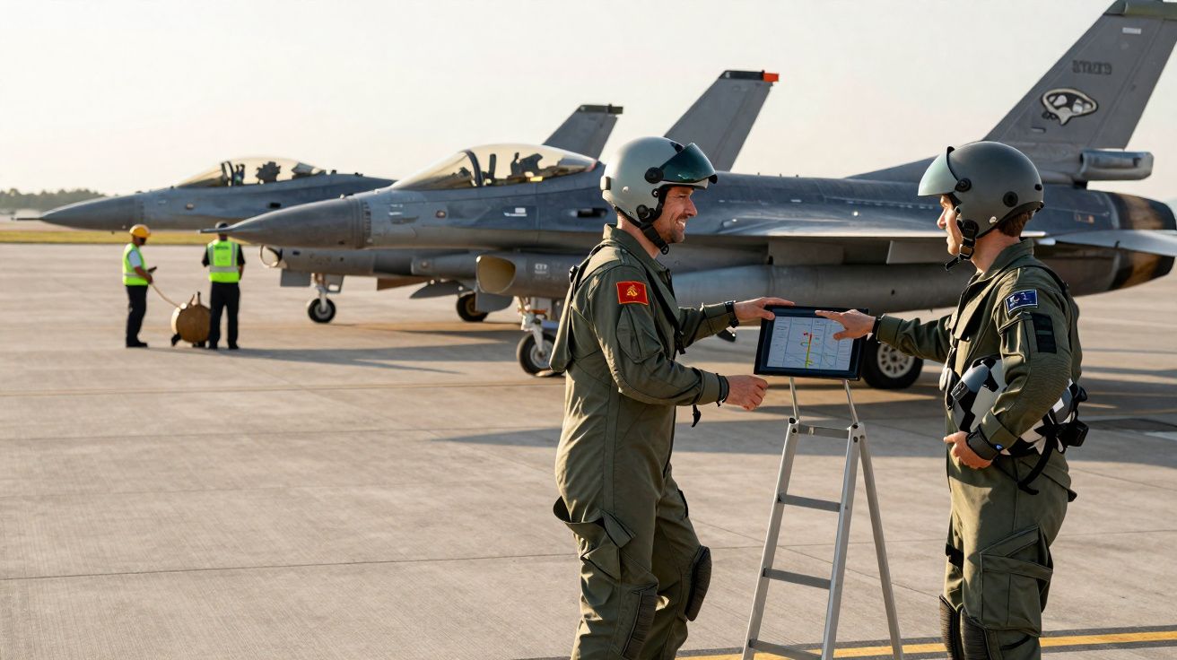 Dois pilotos militares em uniforme e capacete preparam-se junto a jatos num aeroporto militar ao pôr do sol.