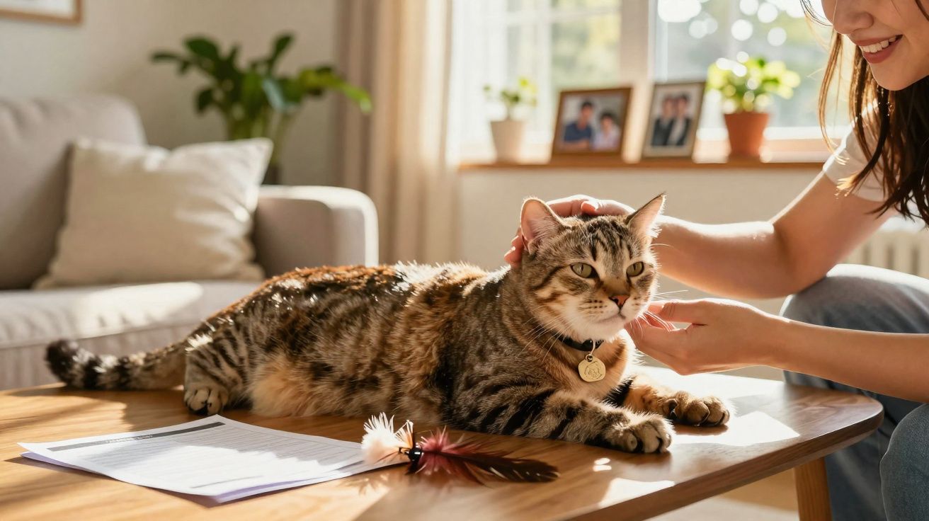 Gato malhado deitado numa mesa de madeira enquanto é acariciado por uma mulher numa sala iluminada.