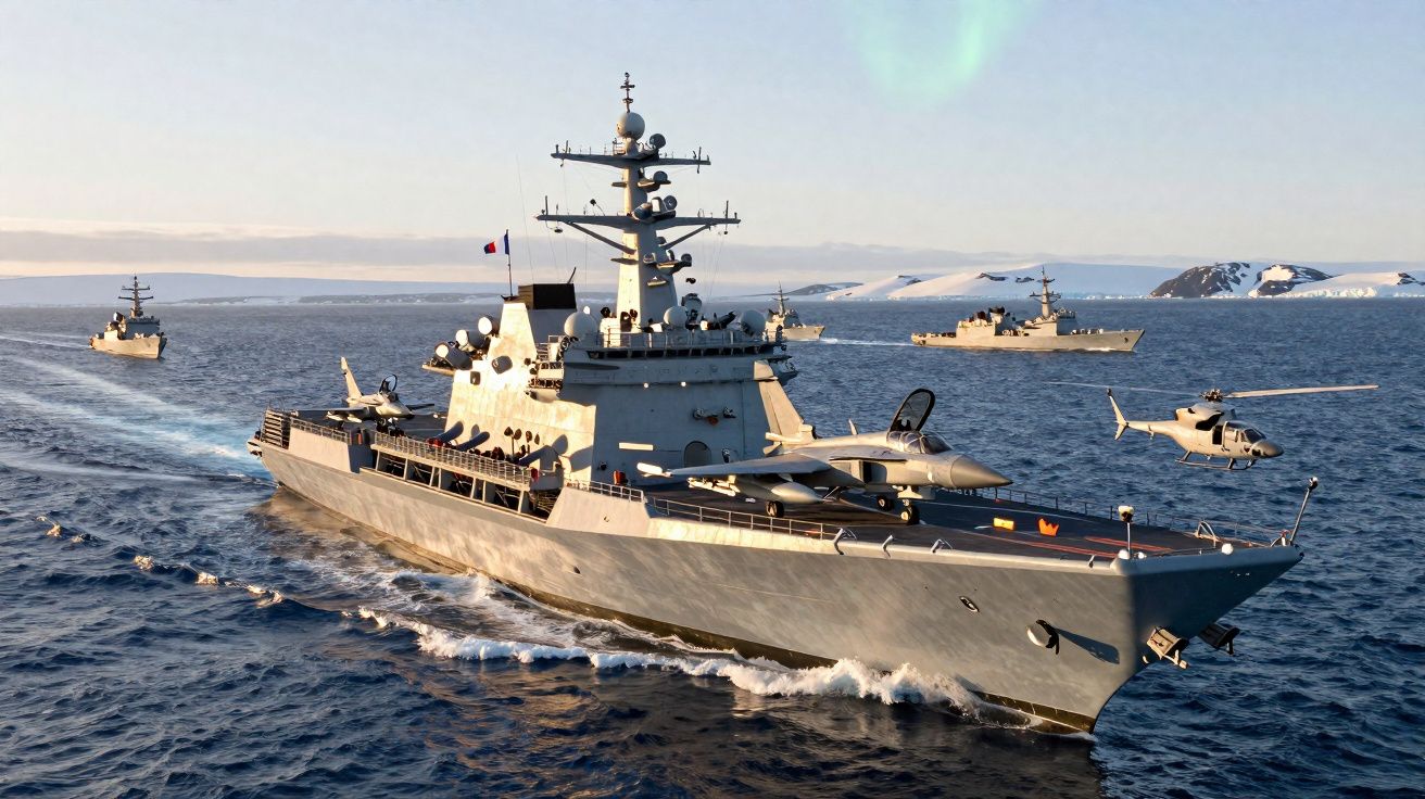 Porta-aviões militar a navegar no mar com helicóptero e avião na sua pista, acompanhado por outros navios e icebergues ao fun