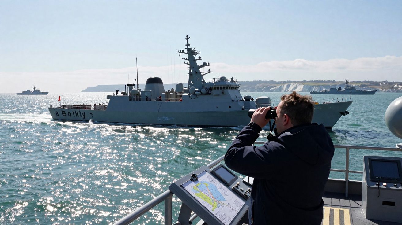 Homem com binóculos a observar navios militares no mar num dia ensolarado.
