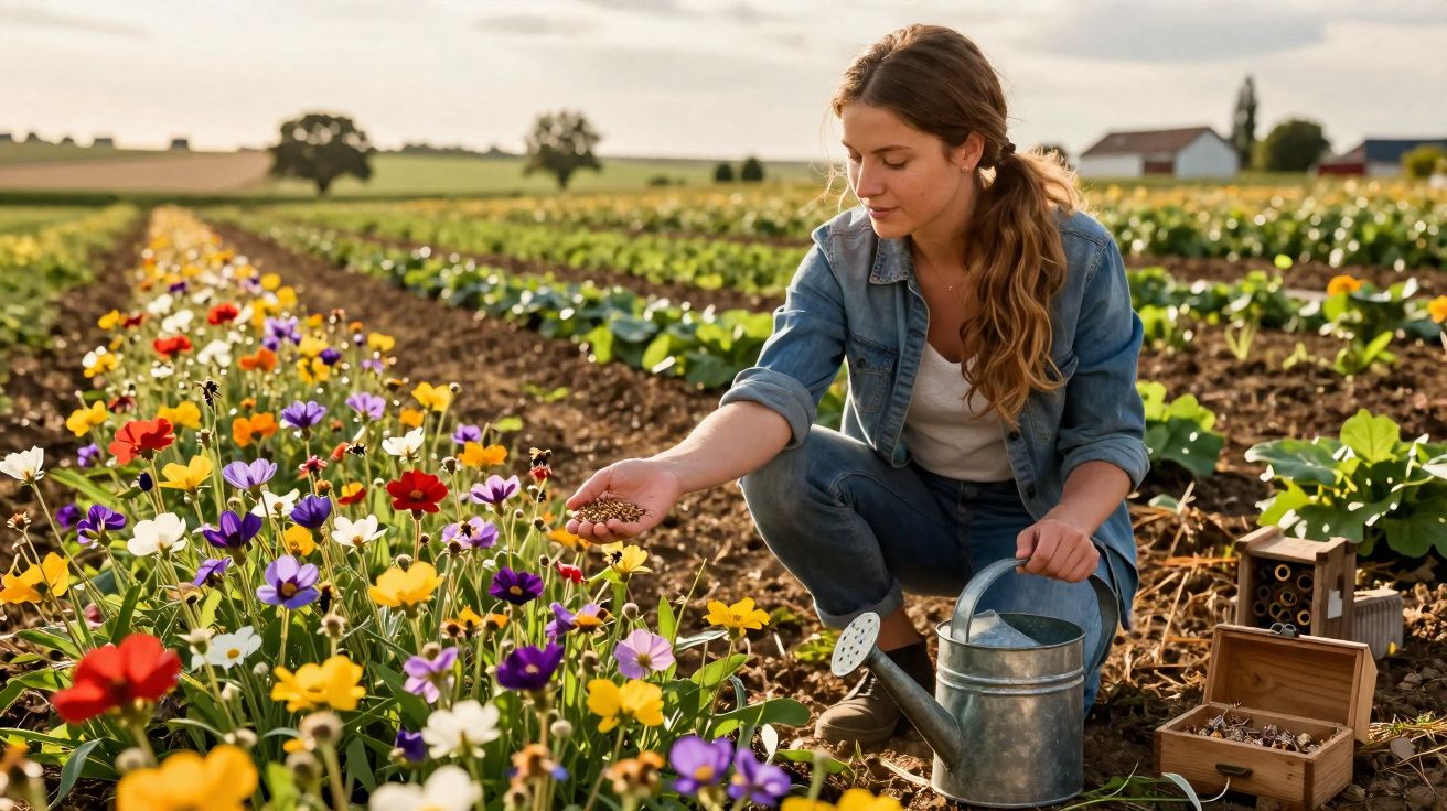 Mulher a semear flores coloridas num campo aberto ao pôr do sol, com regador metálico ao lado.