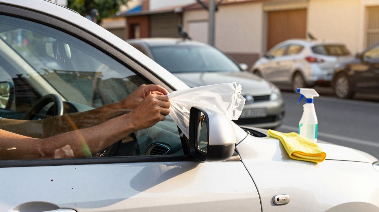 Pessoa a colocar saco plástico no espelho retrovisor de carro branco estacionado, com spray e pano amarelo em cima do capô.