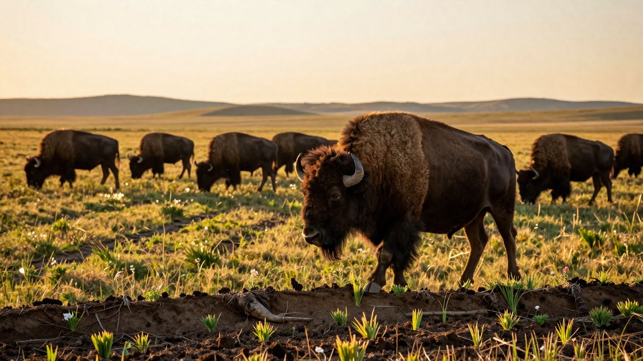 Búfalos a pastar num campo aberto ao pôr do sol, com céu limpo e horizonte distante.