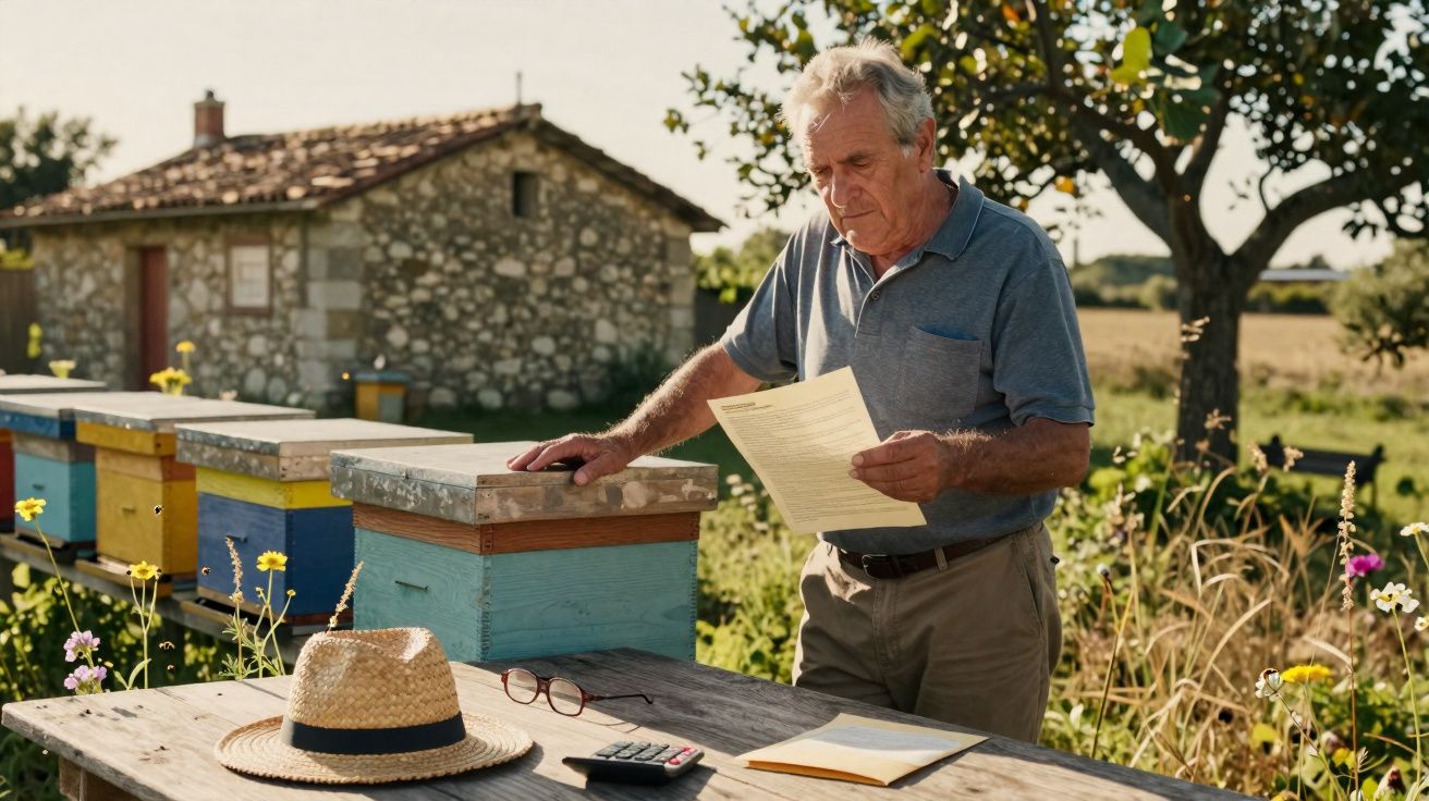 Homem idoso lê papel junto a colmeias num campo rural com casa de pedra ao fundo.