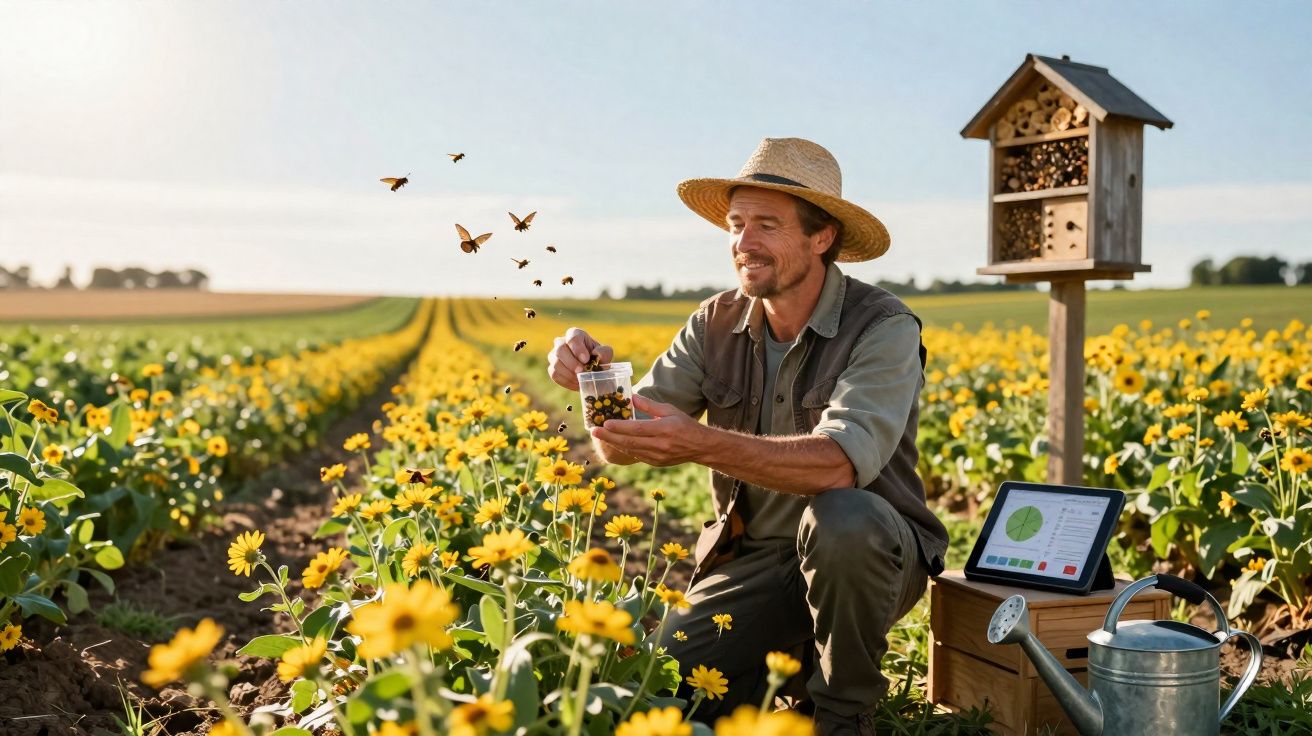 Agricultor com chapéu distribui alimento para abelhas em campo de flores amarelas, com tablet e regador ao lado.