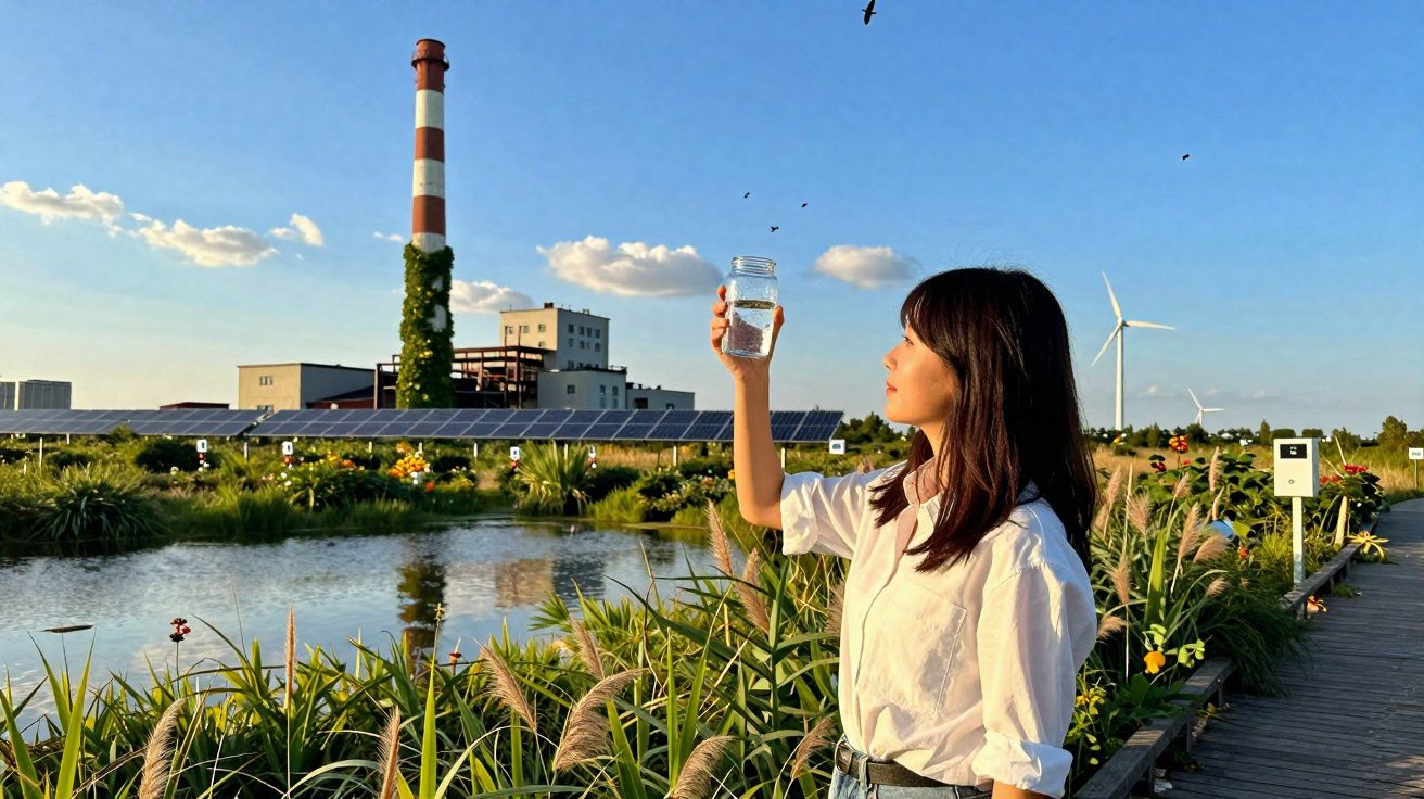 Mulher observa jarro de água numa área verde com painéis solares, turbinas e chaminé industrial ao fundo.