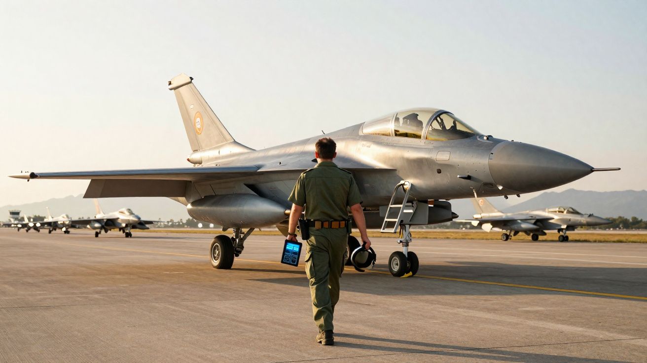 Piloto de avião militar a caminhar em direção a caça estacionado na pista ao entardecer.