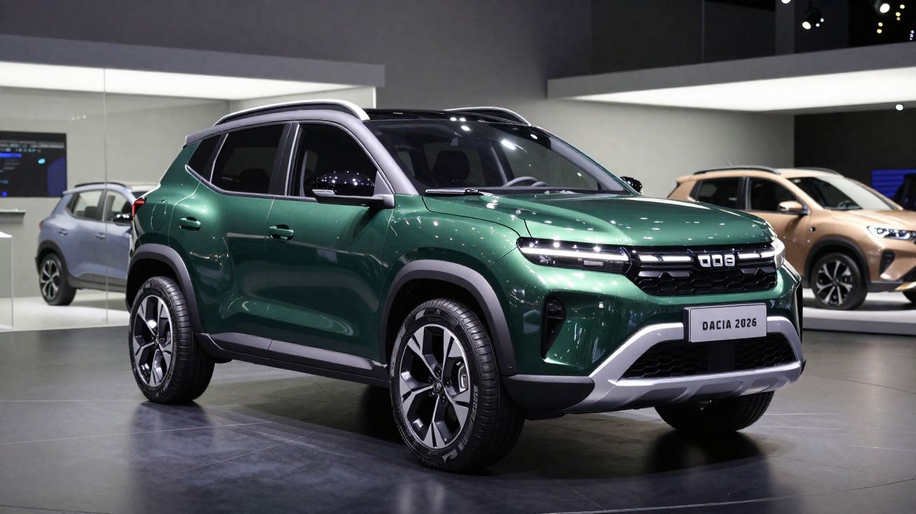 Carro SUV Dacia 2026 verde escuro exposto em salão automóvel com espelho ao fundo.