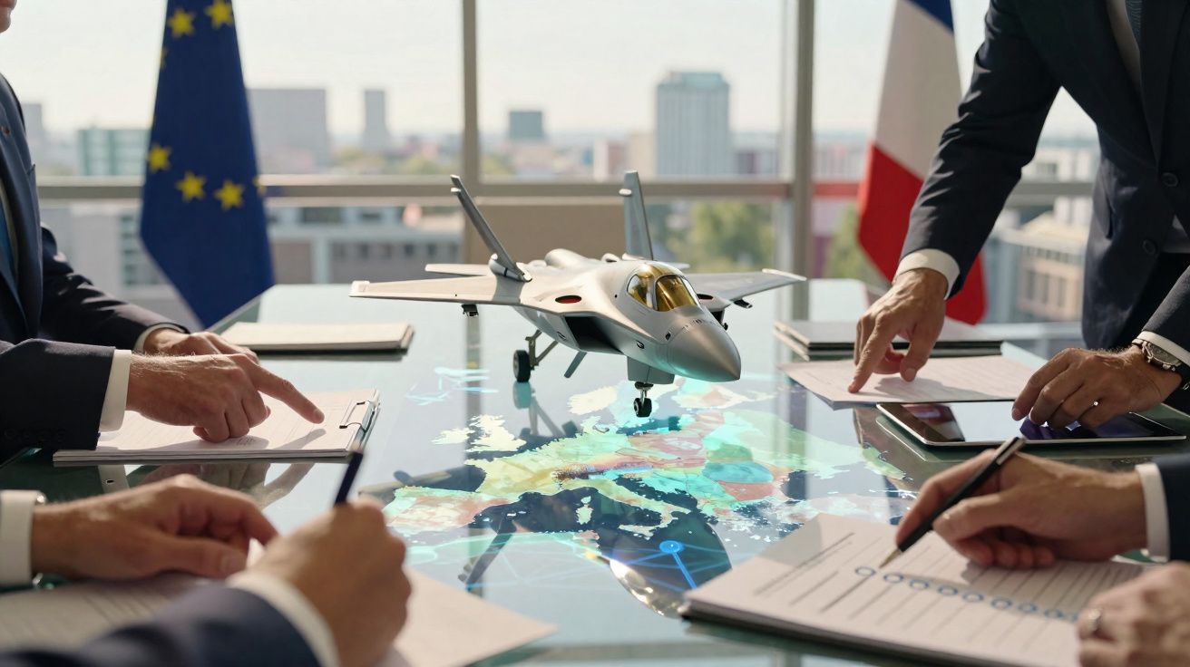 Reunião de negócios com modelo de caça militar sobre mapa digital da Europa em sala com bandeiras da UE e França.