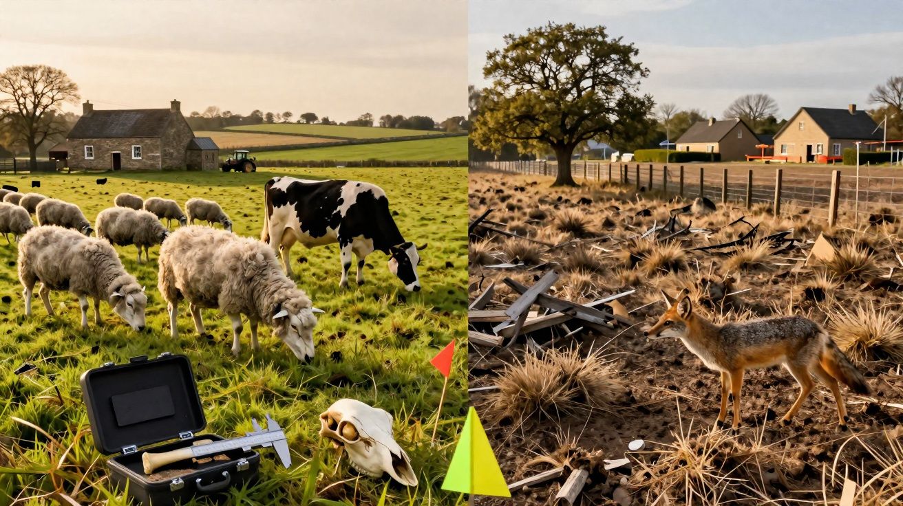 Campo dividido em duas imagens, com ovelhas, vaca e equipamento de medição à esquerda, e raposa num campo seco à direita.