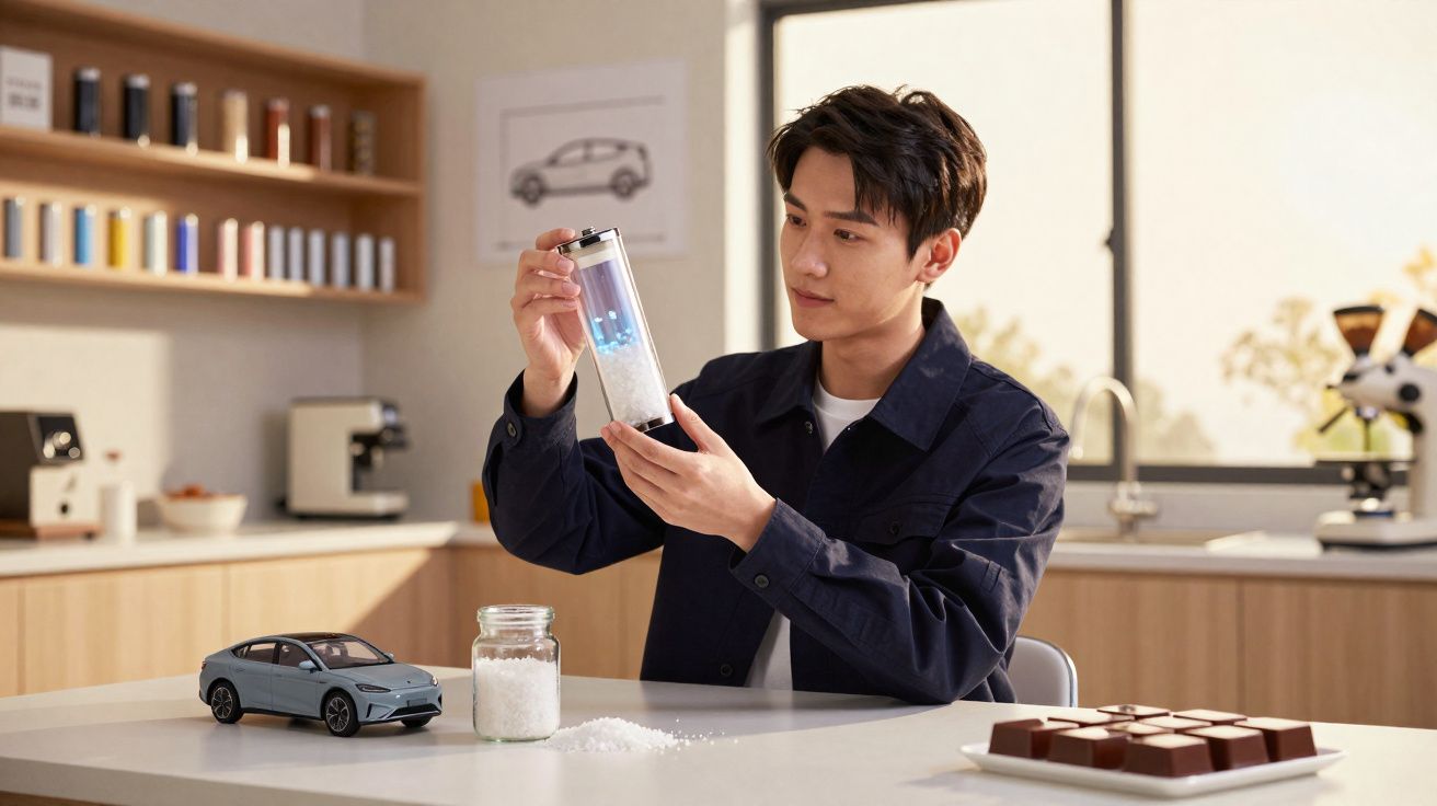 Homem analisa recipiente transparente com cristais brancos numa mesa com miniatura de carro e chocolates.