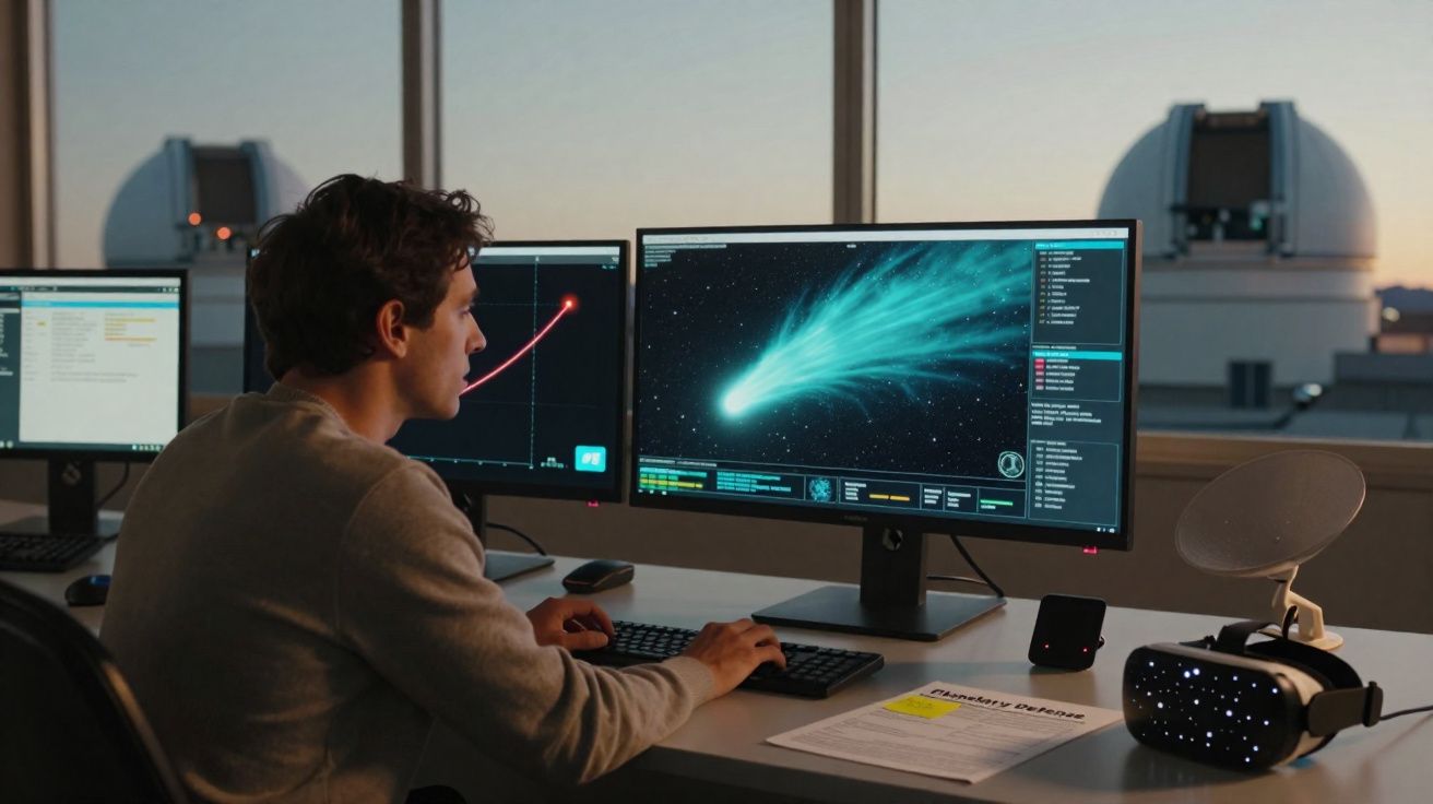 Homem jovem a analisar imagens de cometa em múltiplos ecrãs num laboratório de astronomia ao entardecer.