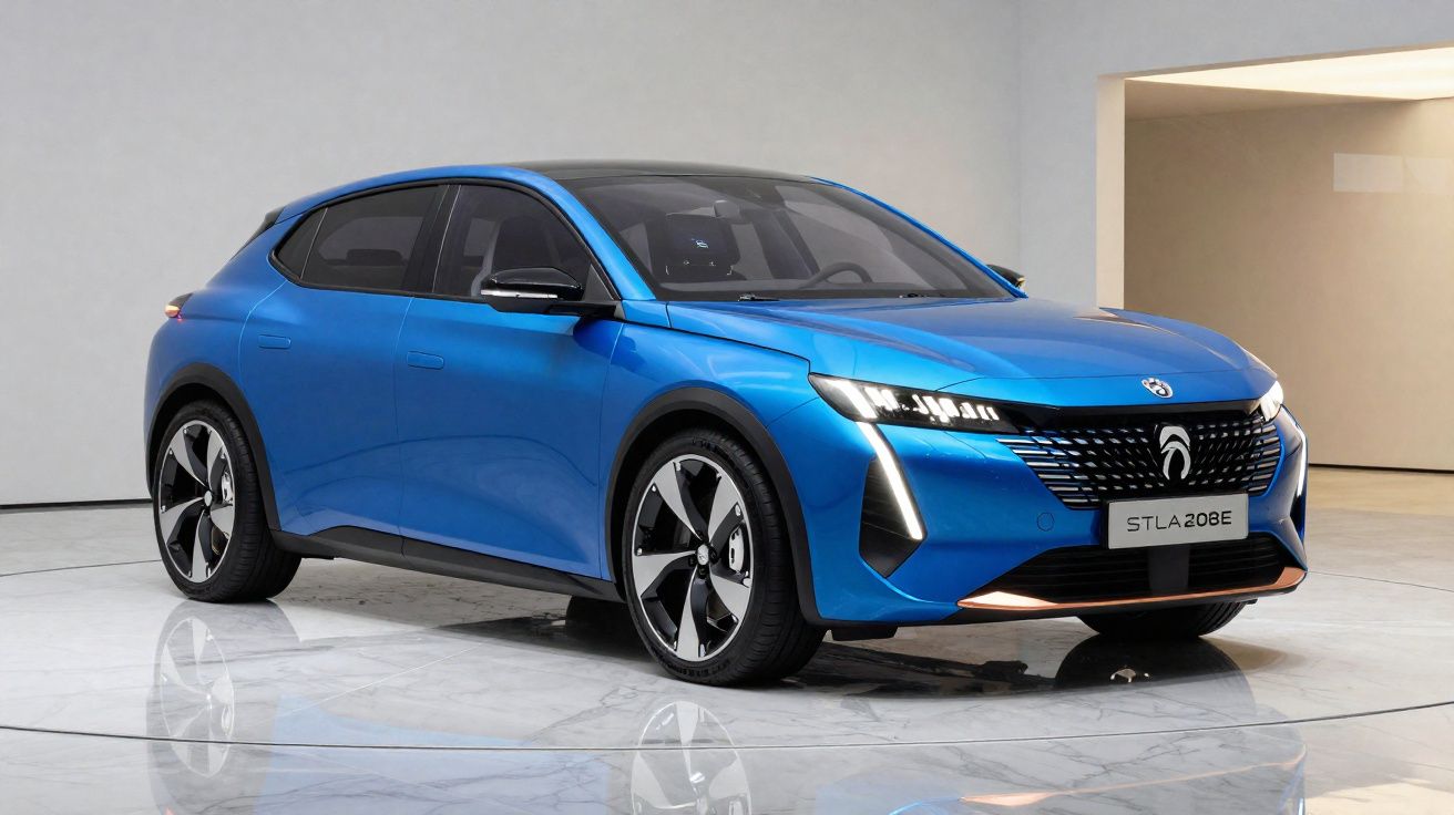 Carro elétrico azul moderno e elegante, modelo STLA 208E, em destaque num espaço minimalista interior.