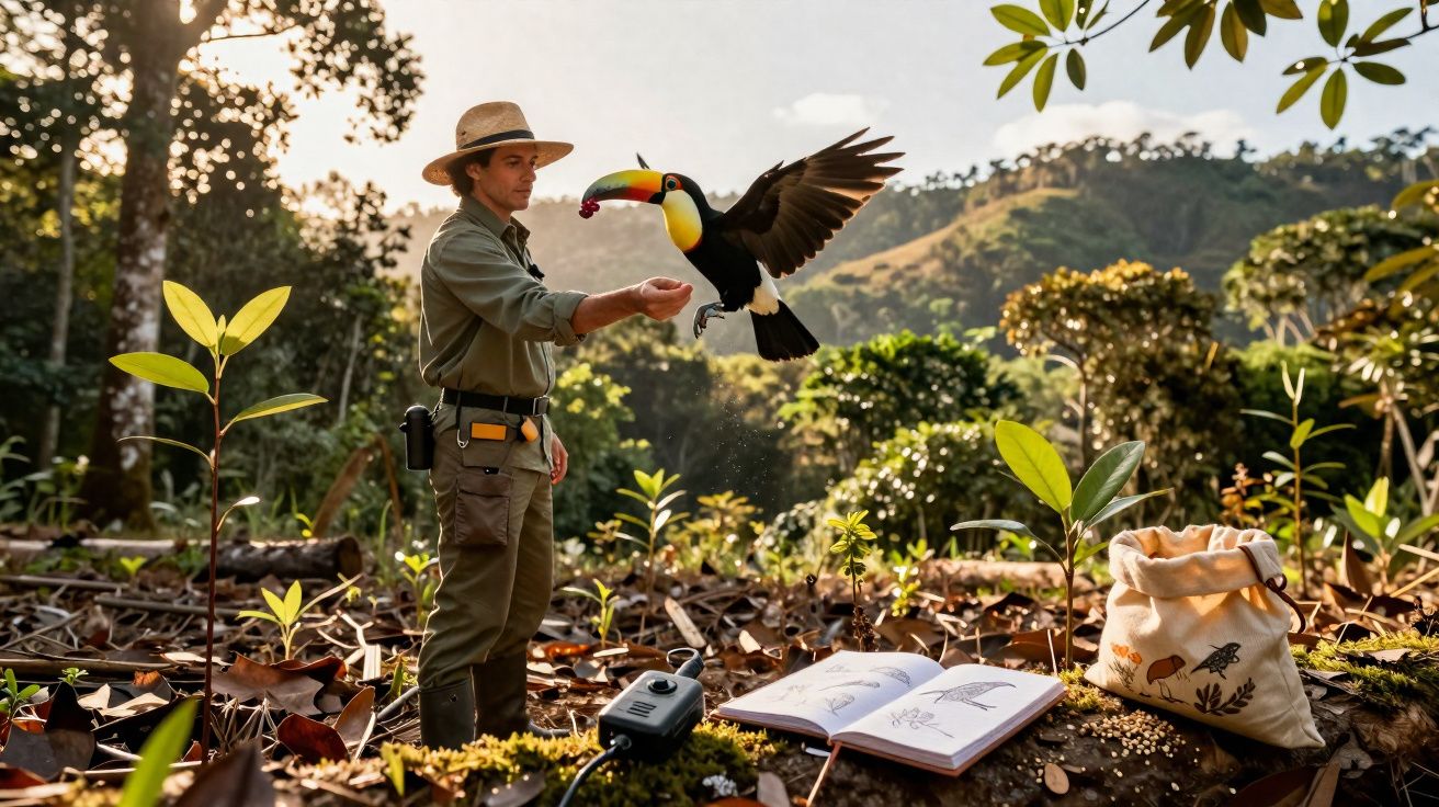 Homem com chapéu interage com tucano voando numa floresta com caderno aberto e bolsa ao chão.