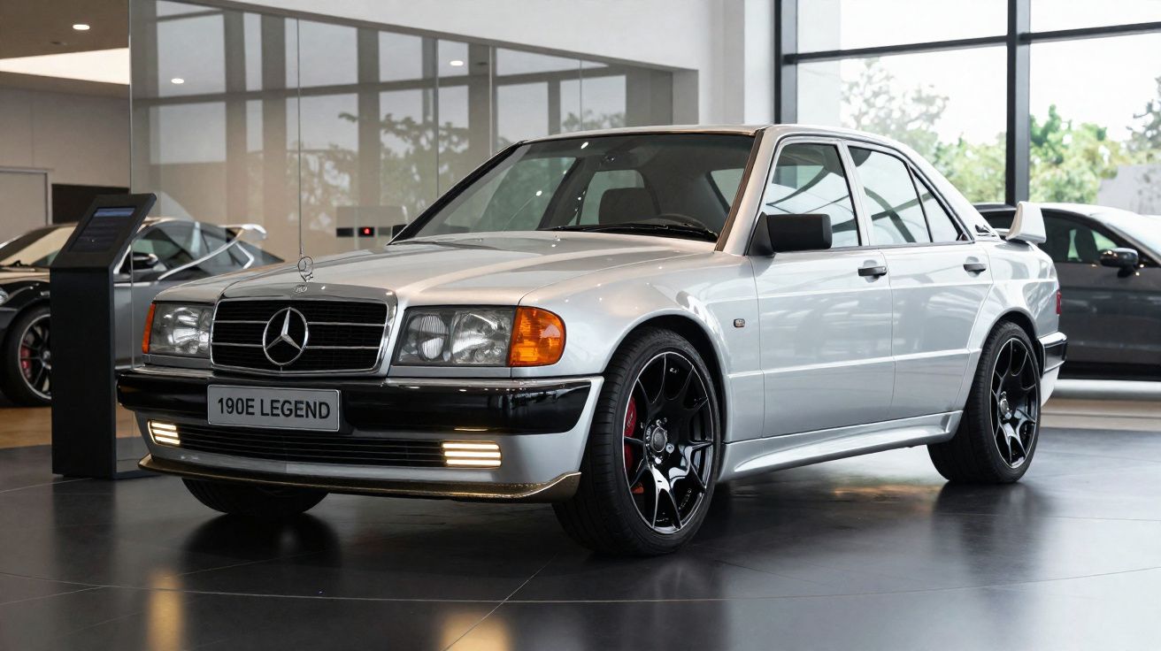 Automóvel clássico Mercedes-Benz 190E Legend branco, em exposição numa sala moderna com janelas amplas.