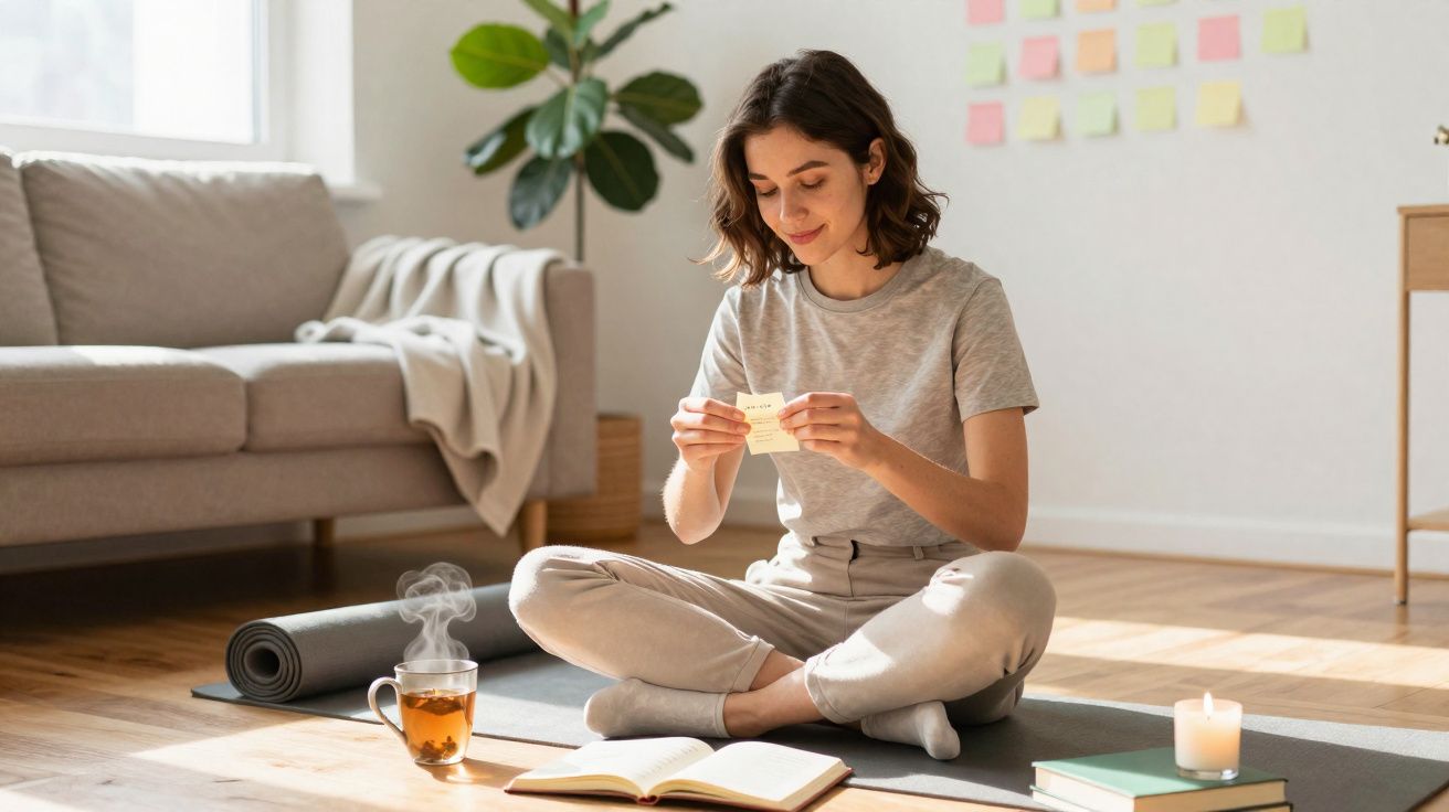 Mulher sentada no chão em posição de lótus, lendo nota, com chá quente, livros e vela numa sala iluminada.