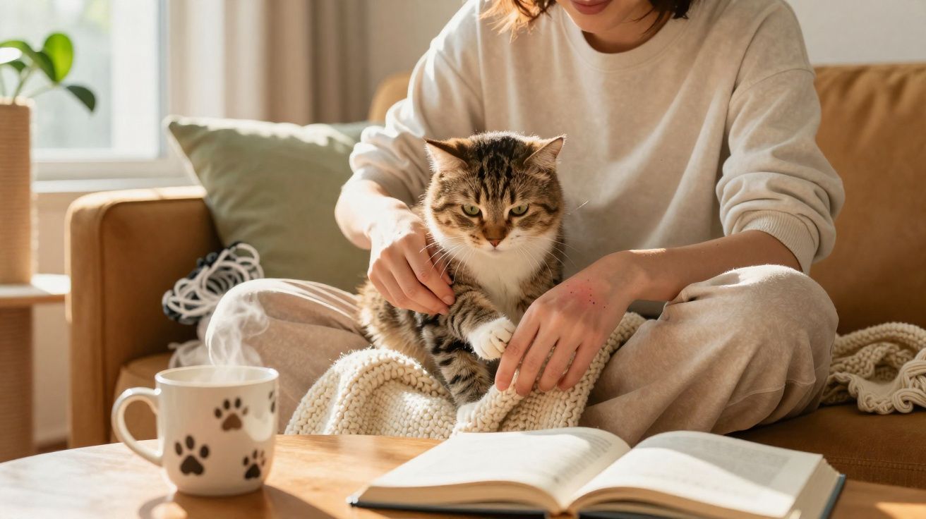 Pessoa sentada no sofá a acariciar um gato, com livro aberto e chá numa caneca na mesa à frente.